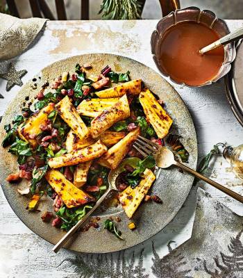 Honey-mustard parsnips with bacon and chard 