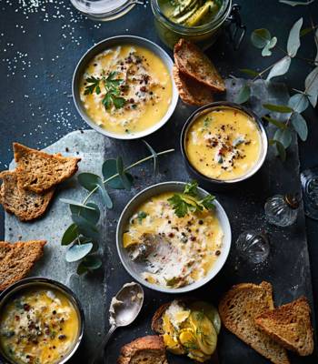Potted mackerel, pickled cucumber and crispbread