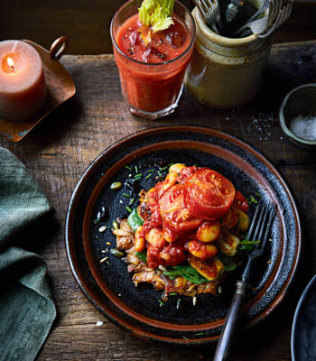 Breakfast rosti stacks with sausage and smoky butter beans