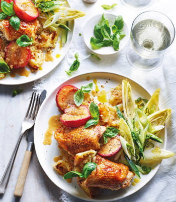 Roast chicken, potatoes and plums with marsala sauce