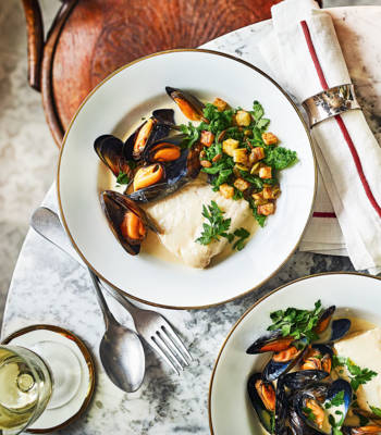 Cider-poached cod with spiced mussels