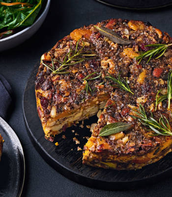 Root veggie nut roast with chestnut gravy