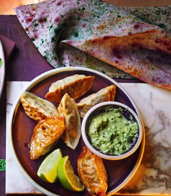 Crispy gyoza with spicy edamame dipping sauce 