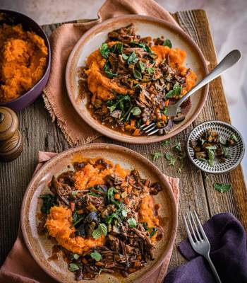 Braised short ribs with sweet potato mash and pickled walnuts