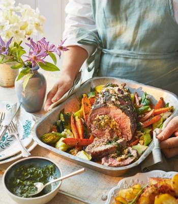 Rolled roast lamb with Wensleydale, apricot and herb stuffing
