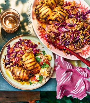 Sticky lemonade chicken with rainbow slaw