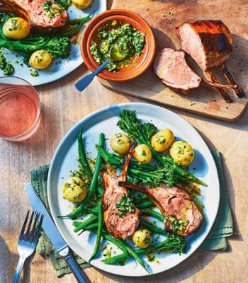 Rack of lamb with anchovy salsa and spring vegetables