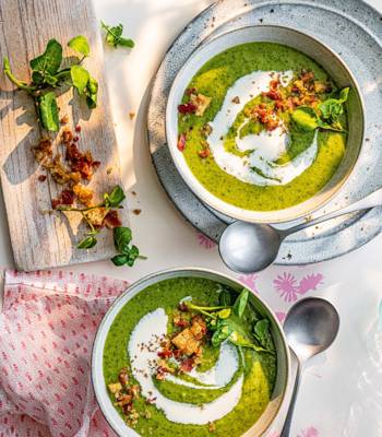 Vibrant watercress and pea soup with bacon crumbs