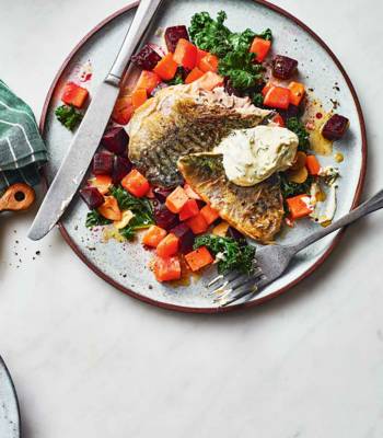 Pan-fried mackerel with beetroot and sweet potato hash