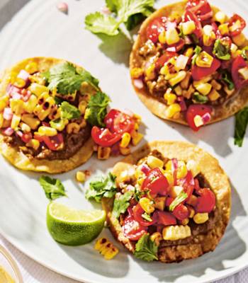 Charred corn and tomato tostadas with smoked mussel purée