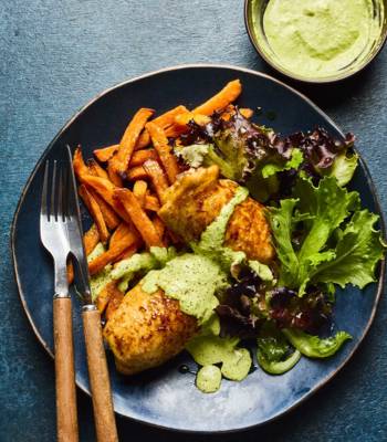 Air-fryer chicken thighs with herby spring onion mayo