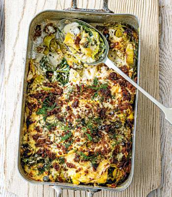 Smoked fish gratin with rye crumbs