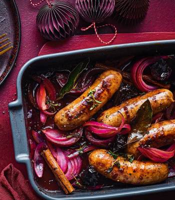 Sausage, cinnamon and prune traybake