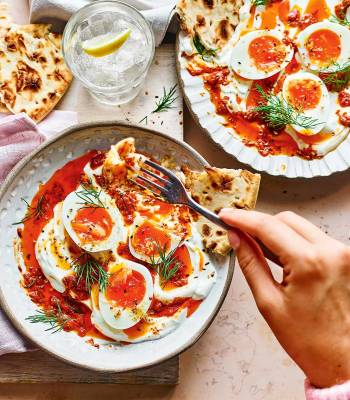 Soft-boiled eggs with Greek yoghurt and harissa butter