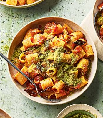 Pasta alla Norma with pesto crumbs