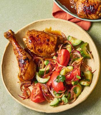 Twice-cooked chicken adobo with tomato salad