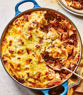 Lamb, feta and aubergine rigatoni bake