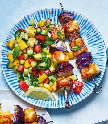 Sticky halloumi skewers with mango kachumber salad