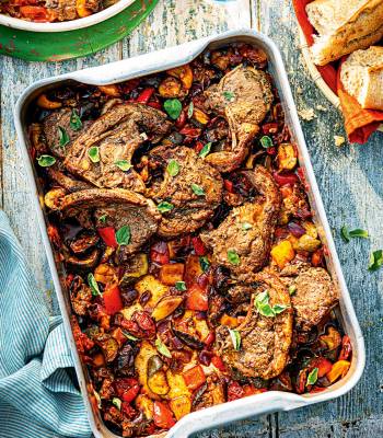 Lamb and ratatouille traybake