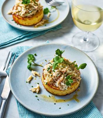 Crab crumpets with brown butter and watercress