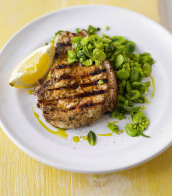 Marinated pork chops with smashed broad beans