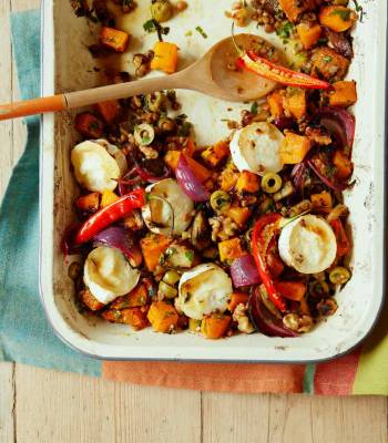 Roasted veg with lentils & goats' cheese