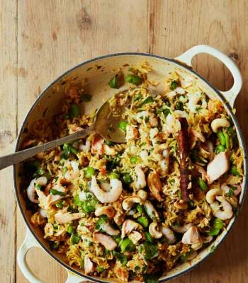 Salmon, prawn and broad bean pilaf