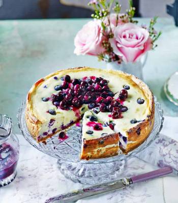 Baked blueberry cheesecake with blueberry compote 