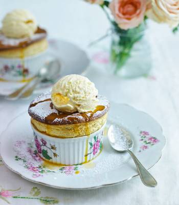 Easy passion fruit soufflés with lemon and passion fruit ice cream