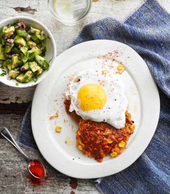 Sweet potato rostis with fried eggs and avocado salsa