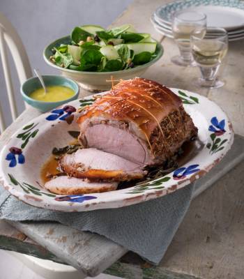 Porchetta-style roast pork with a courgette, chickpea and spinach salad