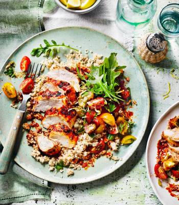 Harissa chicken with cauliflower couscous and chermoula tomatoes
