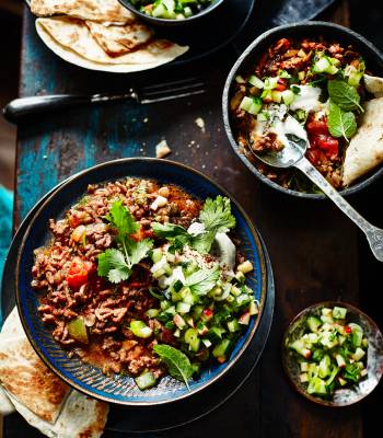Quick-cook ancho con-carne with cucumber salsa