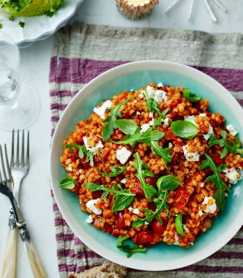 Tomato and pearl barley risotto with feta