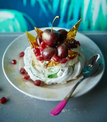 Pistachio pavlovas with boozy cherries
