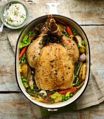 Scandi-style chicken with braised spring veg and horseradish cream