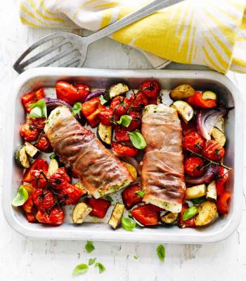 Parma ham-wrapped cod and Mediterranean vegetables