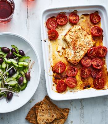Honey-baked feta with cucumber salad