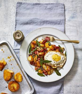 Roast potato and ham hash with sage-fried eggs