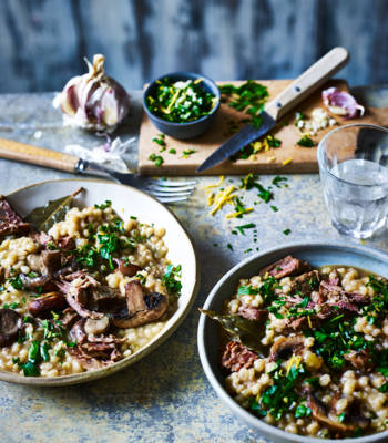 Slow cooker beef and barley one-pot with zesty gremolata