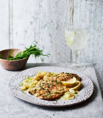 Dill mustard trout with smashed potatoes 