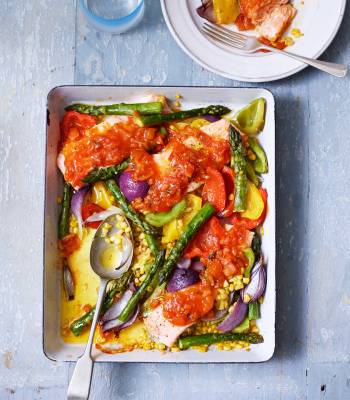 Salsa salmon and summer veg traybake