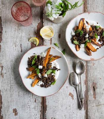 Roast sweet potato, lentils and feta