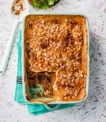 Vegan lasagne with butternut squash and hazelnuts