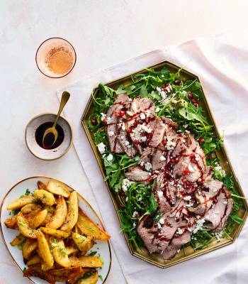 Pomegranate beef with spiced wedges