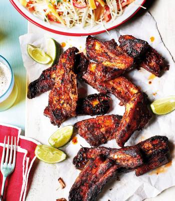 Jerk pork belly with mango slaw