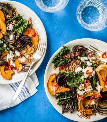 Tray-baked squash, beetroot and giant couscous with goats' cheese