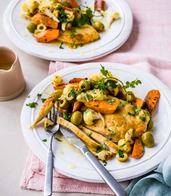 Lemony chicken with roast veg and olives