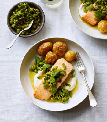 Roast salmon with zesty peas and mint