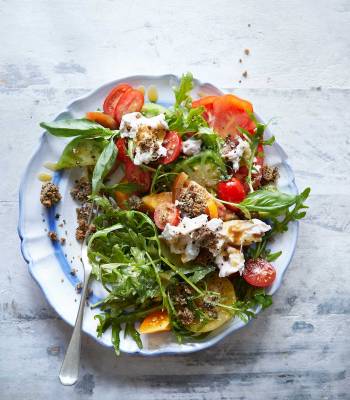 Tomato and burrata salad with olive crumb